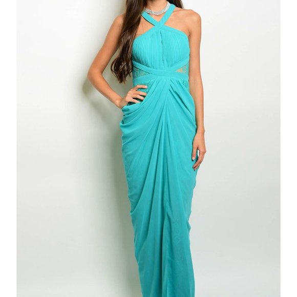 Teal halter neck style, fitted waist gown - Picture 1 of 2
